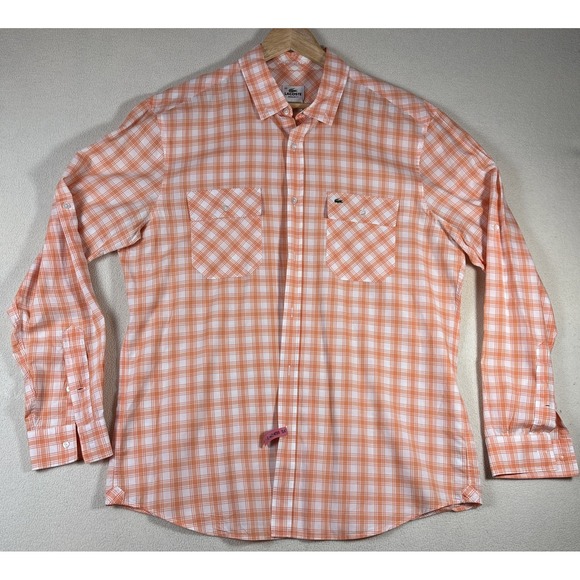 Lacoste Men's Shirt Long Sleeve Orange Plaid Button-Down Regular Fit Size 42 - Picture 1 of 9